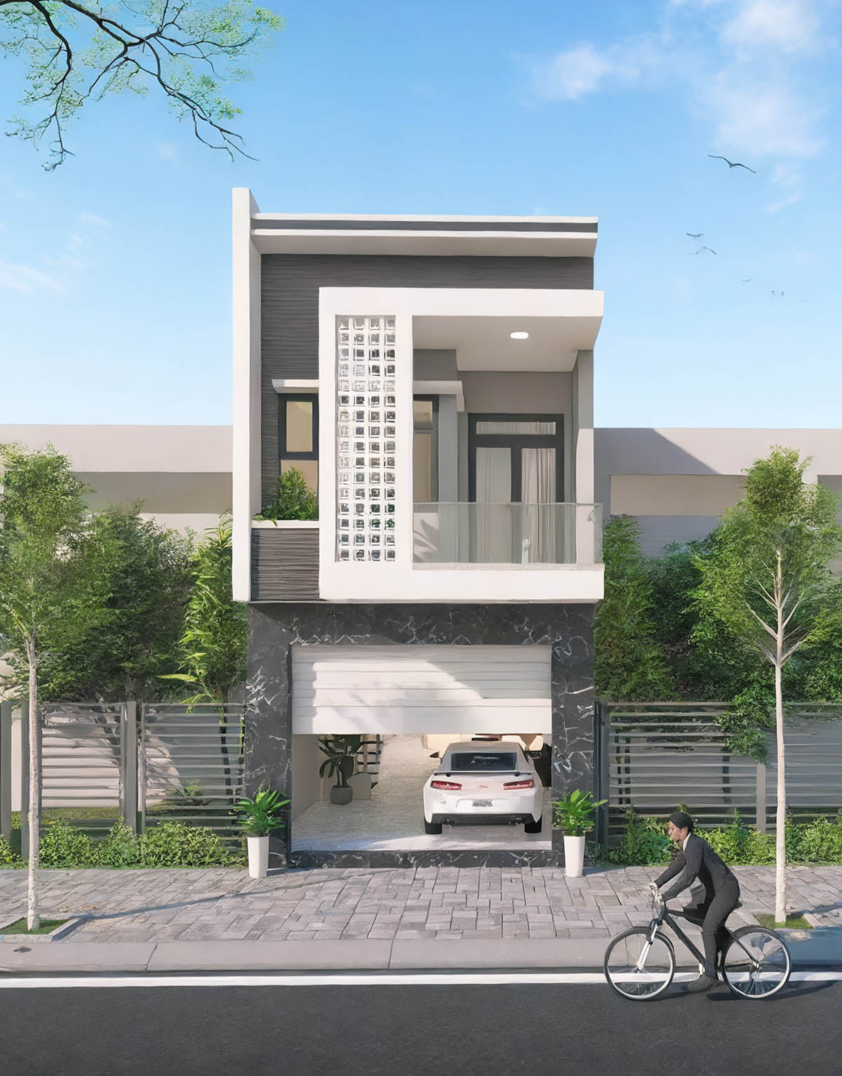 Mẫu thiết kế nhà 30m2 2 tầng mặt tiền hình học đơn giản, góc cạnh 