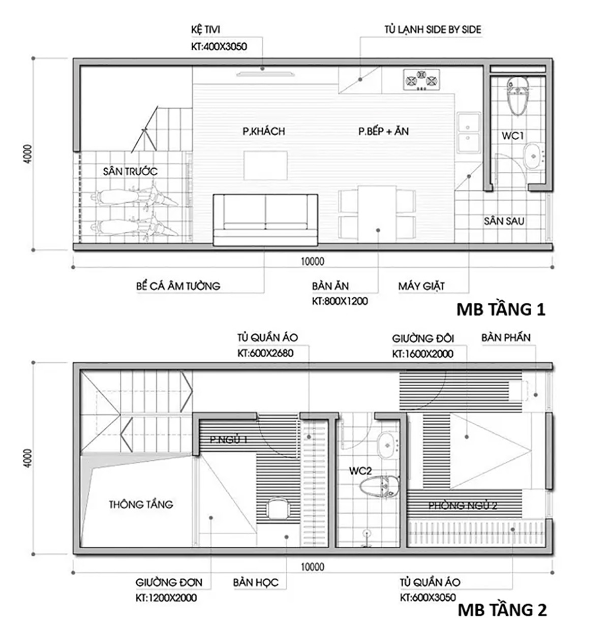 Bản vẽ mẫu nhà nhỏ 4x10 thiết kế 2 tầng