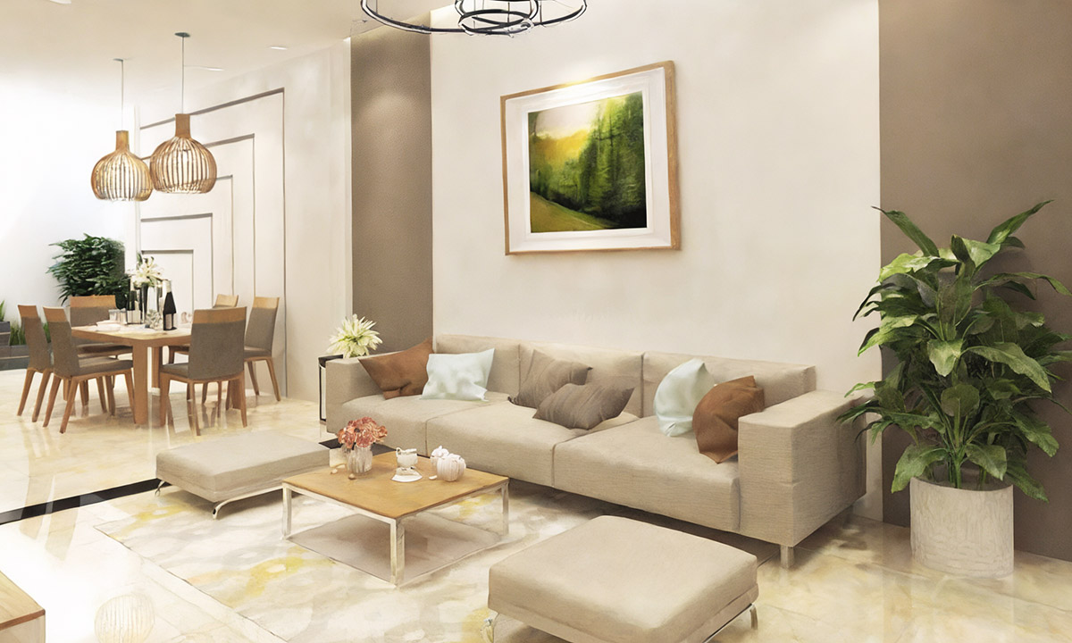 Thiết kế phòng khách đơn giản, tone màu nâu be làm chủ đạo