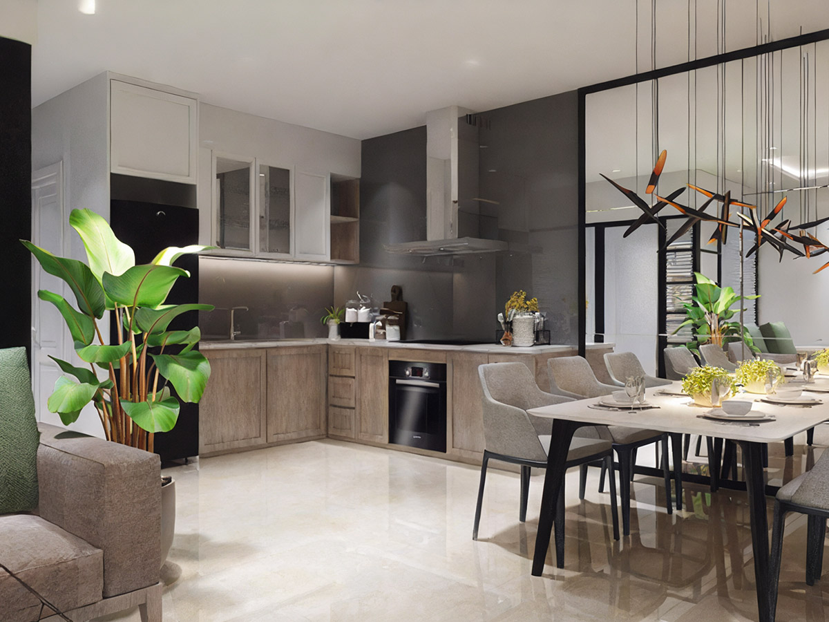 Nhà bếp với tông màu gỗ và đen xám tạo ra cảm giác đẳng cấp