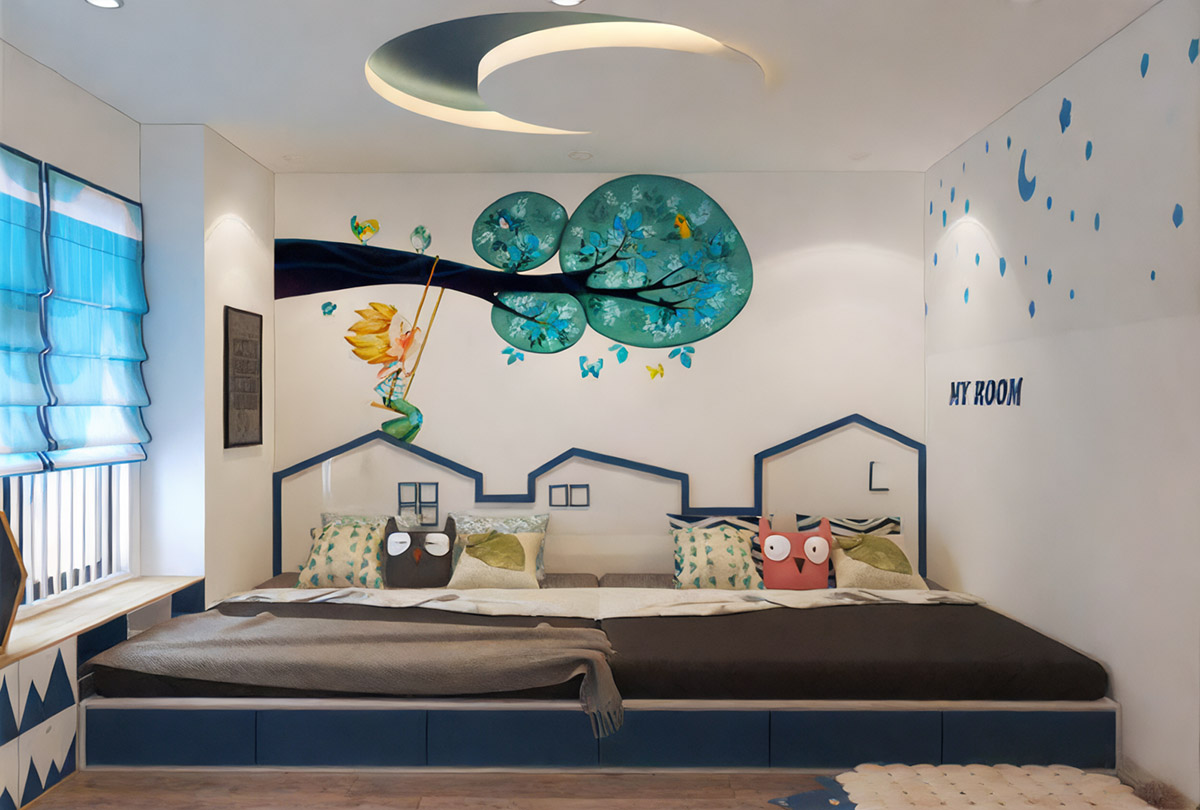 Phòng ngủ trẻ em của ngôi nhà 4x10m được thiết kế rất đáng yêu