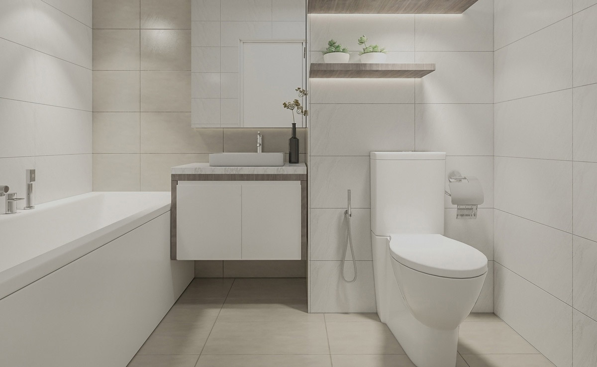 Phòng tắm thuần trắng nhưng không hề đơn điệu nhờ tủ lavabo và kệ đựng đồ bằng đá tự nhiên đẹp mắt