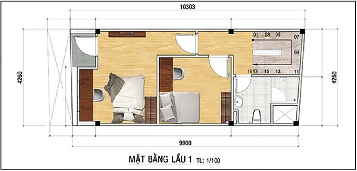 Mặt bằng bản vẽ công năng lầu 1 của ngôi nhà có diện tích nhỏ 4x10m2