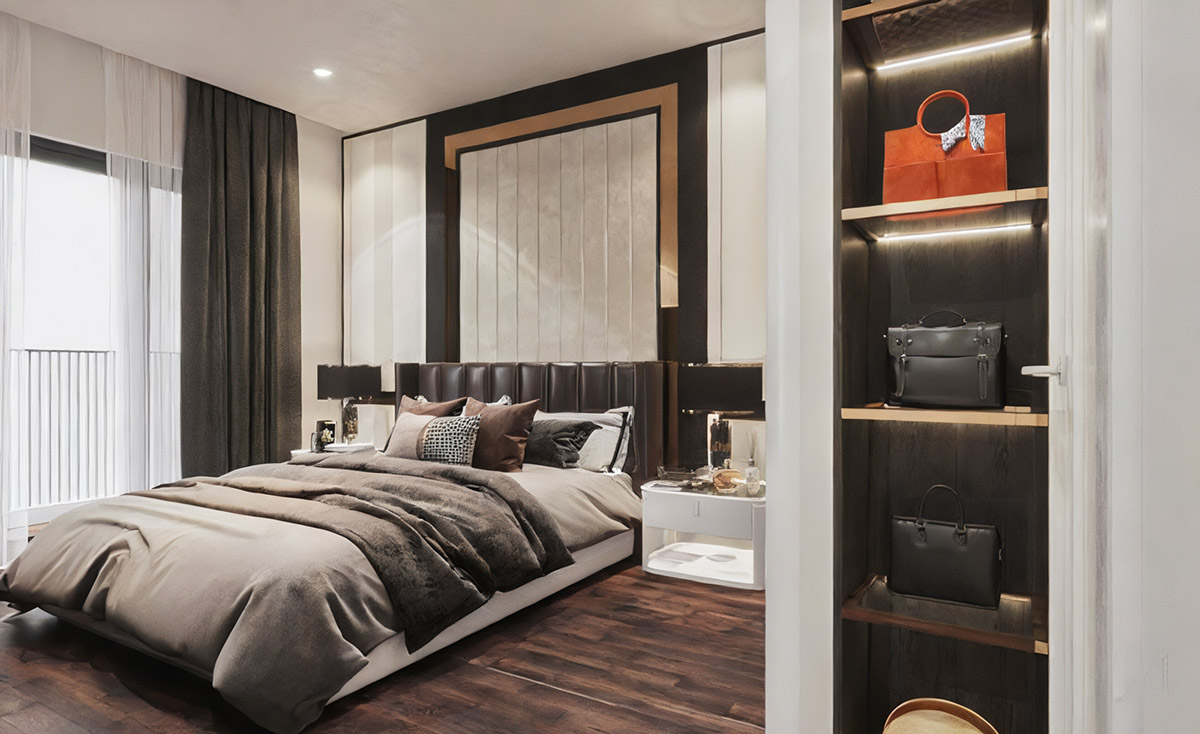 Phòng ngủ chính đầy đủ tiện nghi, màu sắc ấm cúng