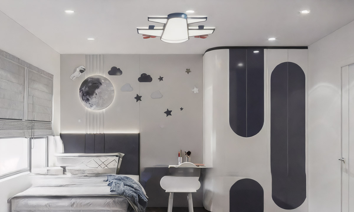Phòng ngủ trẻ em được trang trí bằng các chi tiết như phi thuyền, dải ngân hà tạo nhiều cảm hứng cho bé