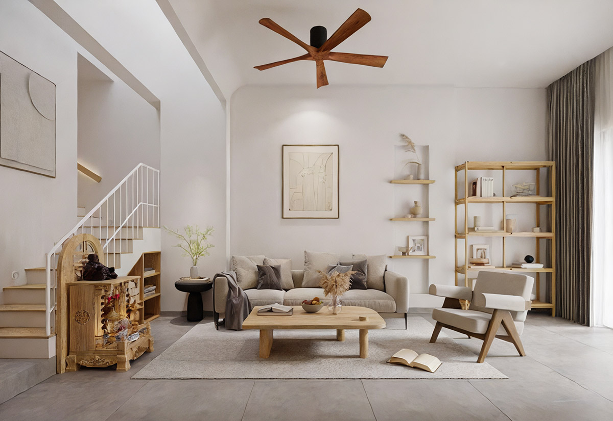 Phòng khách của thiết kế nhà diện tích nhỏ 4x10m này được trang trí theo phong cách Nhật tối giản