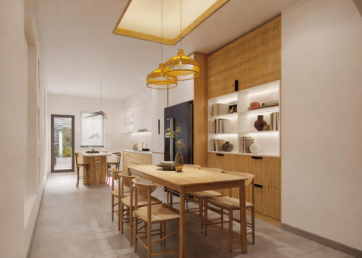 Nhà bếp tập trung vào sự thanh lịch và gần gũi với thiên nhiên khi dùng nhiều đồ nội thất làm từ gỗ, mây