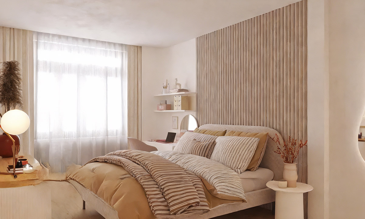 Phòng ngủ với giường đơn giản, màu sắc nhạt và có đệm êm ái, sử dụng cây hoa trang trí để không gian có sức sống hơn