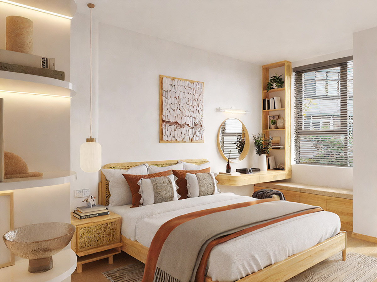 Phòng ngủ master thứ hai trong ngôi nhà 4x10 dùng màn gỗ Nhật để che nắng và tạo cảm giác yên tĩnh, thư giãn cho không gian
