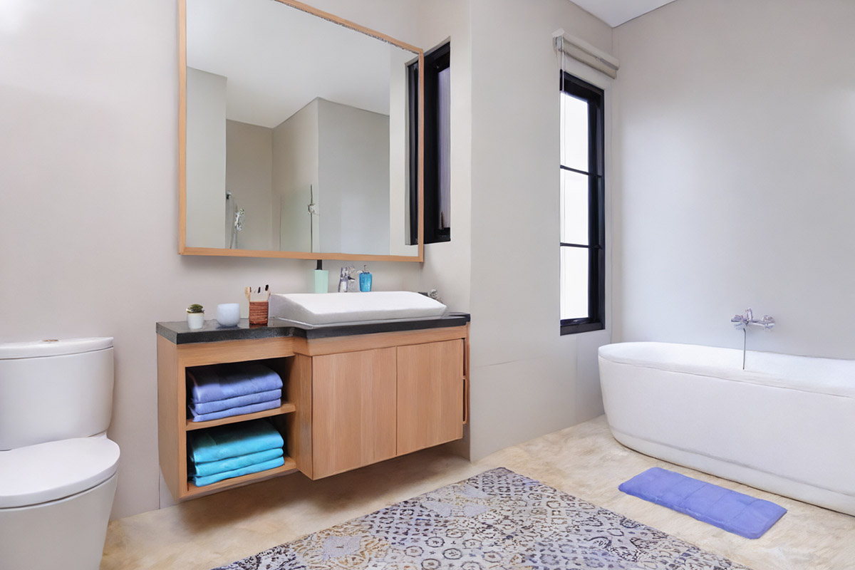 Nhà tắm dùng các thiết bị vệ sinh đơn giản màu trắng và tủ gỗ