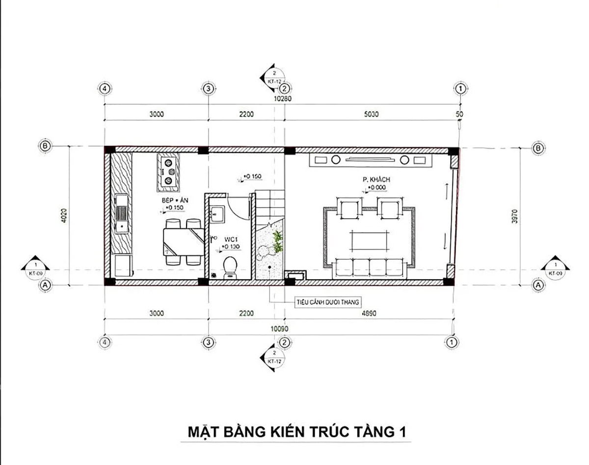 Mặt bằng kiến trúc tầng 1 của ngôi nhà nhỏ 4x10m với thiết kế năng động trẻ trung