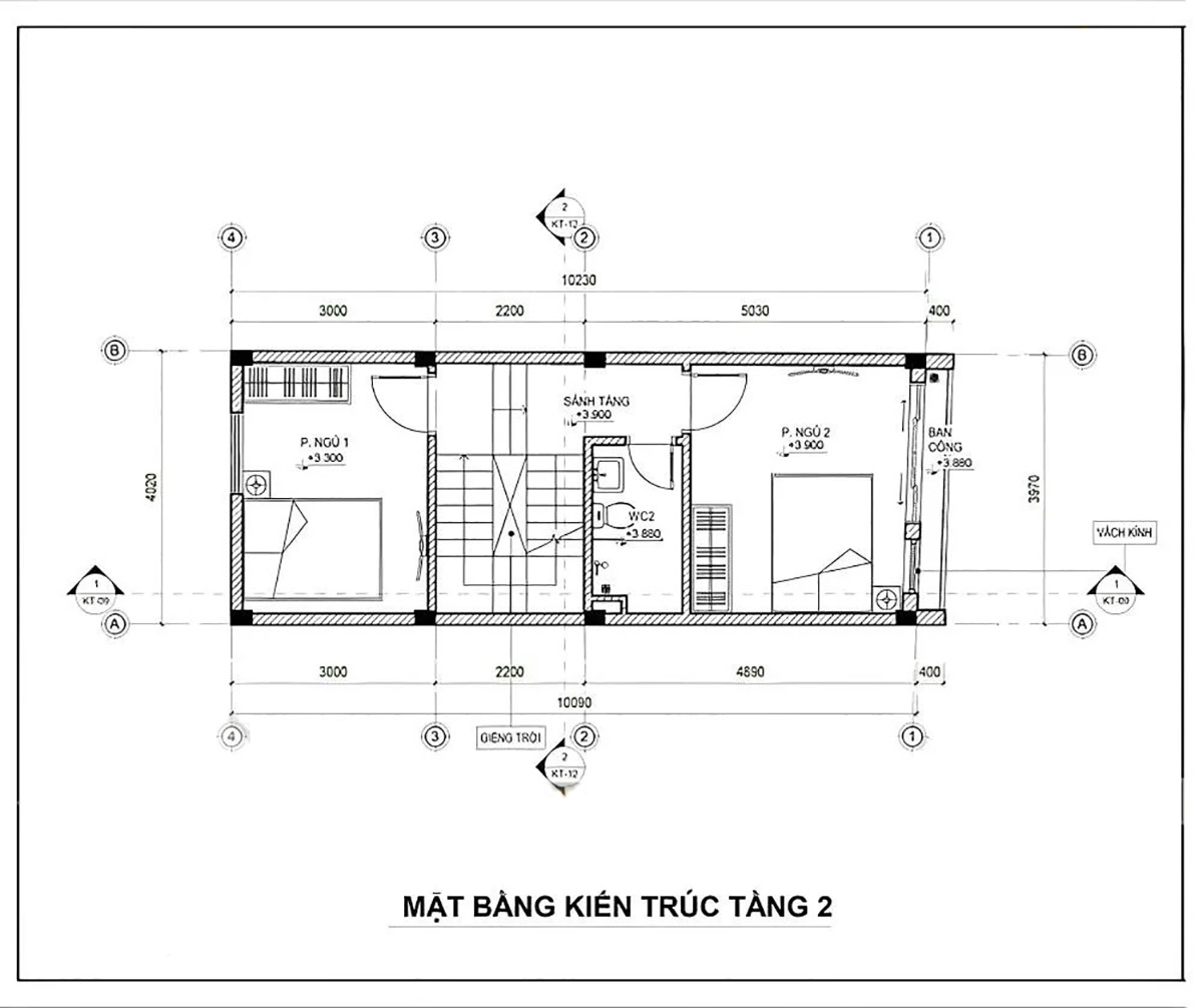 Mặt bằng kiến trúc tầng 2 của ngôi nhà 4x10m với  2 phòng ngủ, 1 WC và 1 ban công