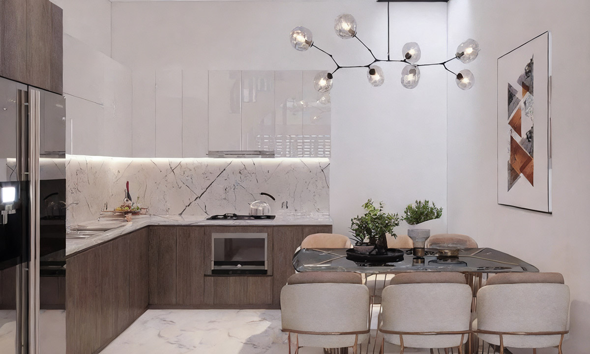 Không gian bếp phía sau nhà, trang bị máy hút mùi để tránh khói trong nhà