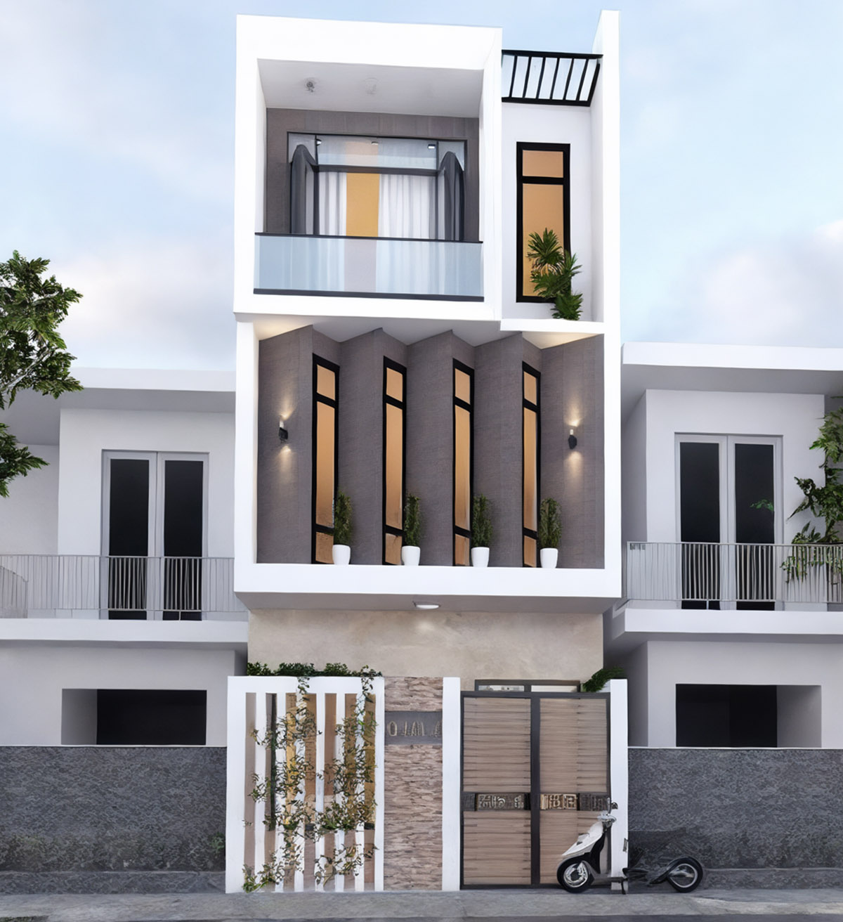 Mặt tiền mẫu nhà nhỏ 4x10m được thiết kế với các màu tương phản trẻ trung, tinh tế