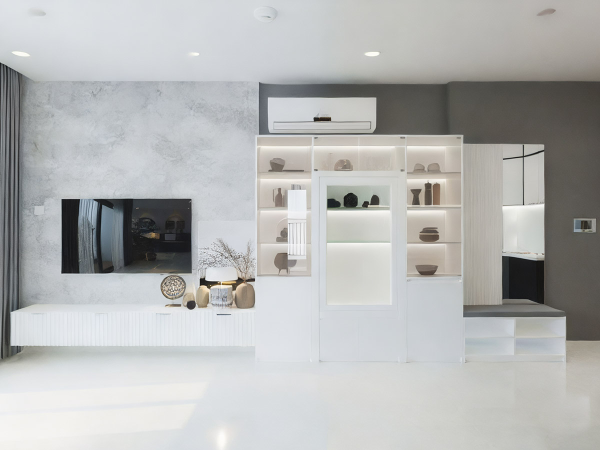 Phòng khách là trung tâm của ngôi nhà, được trang trí bởi kệ tủ sang trọng màu trắng