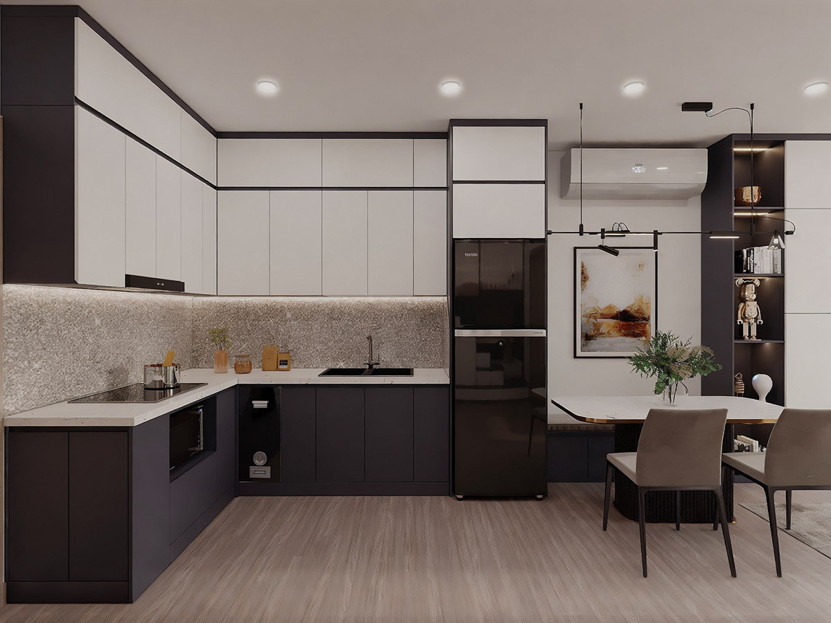 Bộ bếp được trang bị đầy đủ tiện nghi và được thiết kế tinh tế với các tủ đựng bát đĩa, tủ lạnh, lò vi sóng, lò nướng, bếp từ, tạo ra một không gian nấu ăn hiện đại và đẳng cấp