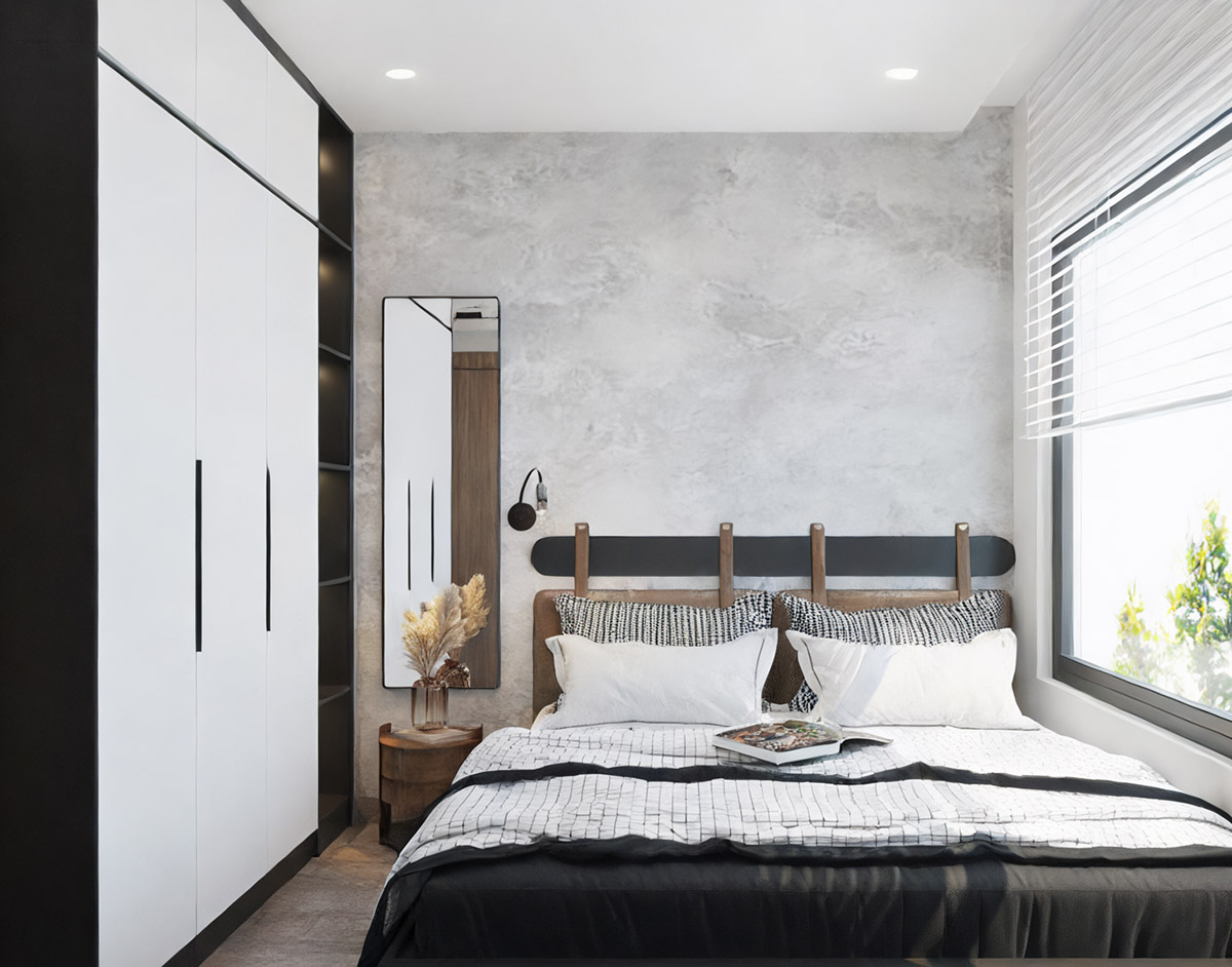 Phòng ngủ mẫu thiết kế nhà 4x10 đẹp mắt với bộ giường cao cấp, đệm êm ái, chăn mền mịn màng, tạo ra một không gian nghỉ ngơi thoải mái và đầy đủ tiện nghi