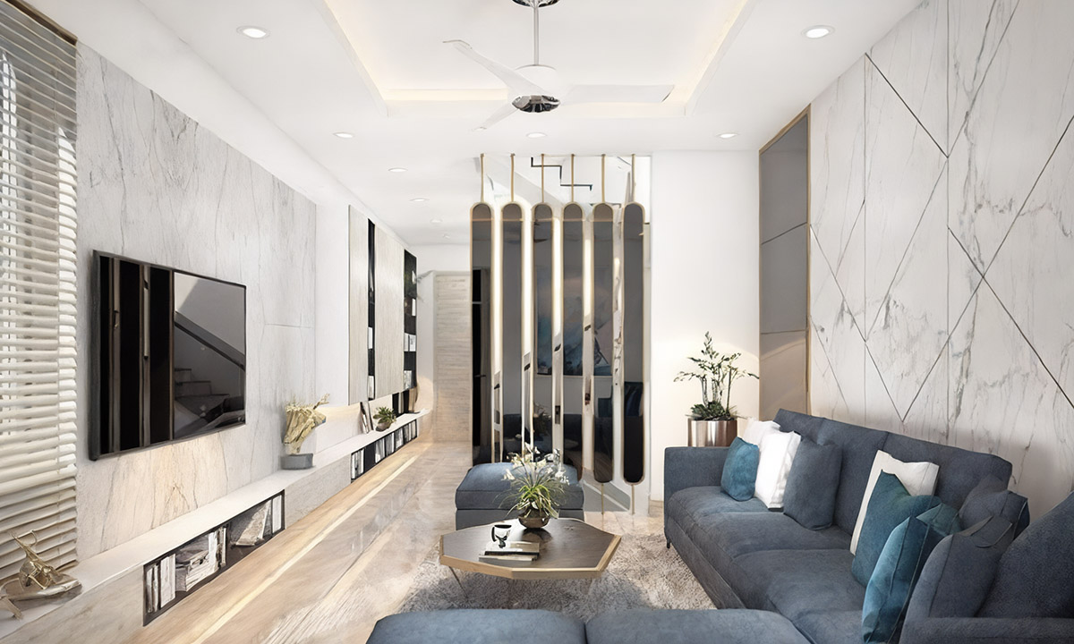 Phòng khách dùng màu trắng làm chủ đạo, nhấn nhá bằng các vật dụng với màu sắc rực rỡ