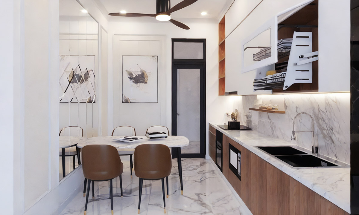 Phòng bếp hiện đại, sang trọng với bàn ăn ốp đá, những món đồ dùng ánh kim và đồ trang trí thuần tone vàng