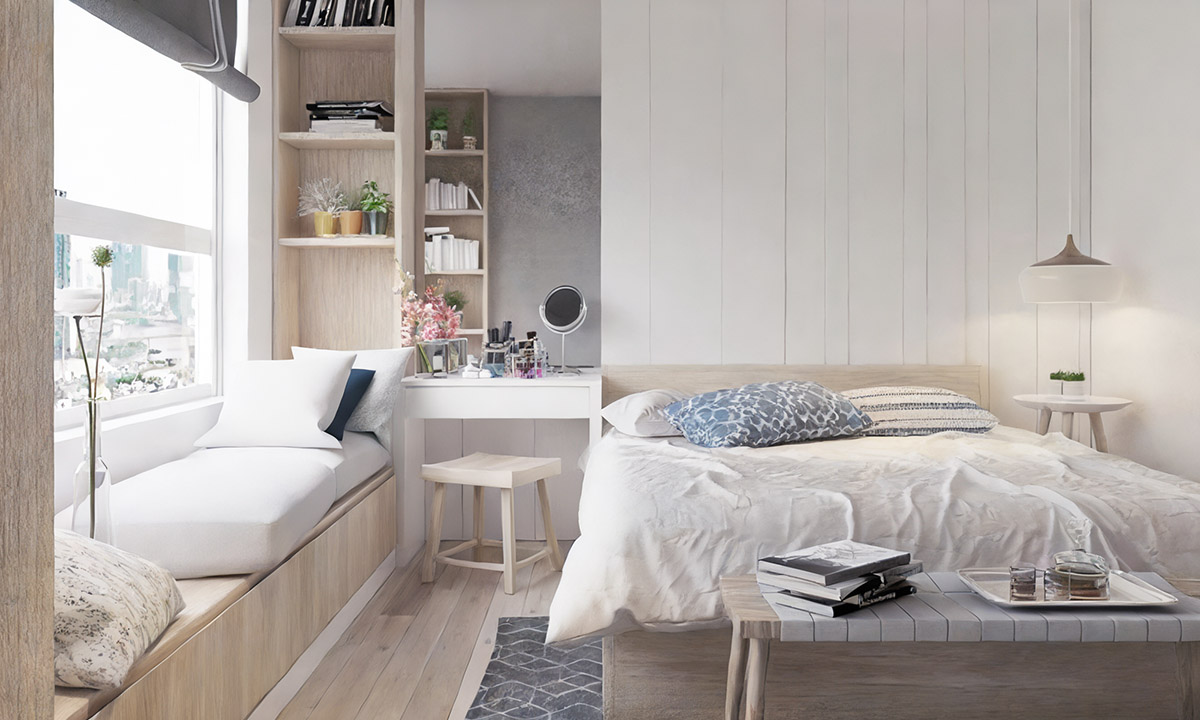 Phòng ngủ đơn giản với cửa sổ rộng mở thoáng khí