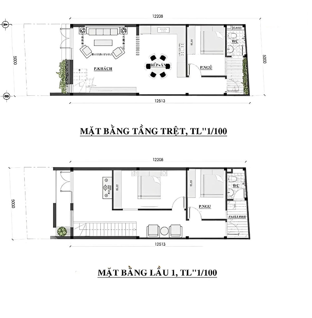 Bản vẽ thiết kế nhà 1 trệt 1 lầu 5x12m 2 phòng ngủ
