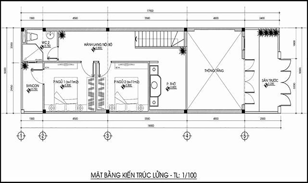 Bản vẽ thiết kế nhà 5x12m 3 phòng ngủ có gác lửng