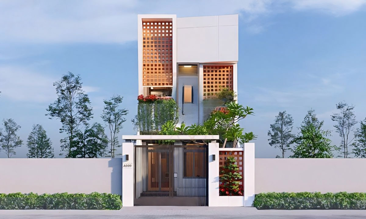 Phối cảnh mặt tiền nhà 5x12m 1 trệt 1 lầu 3 phòng ngủ