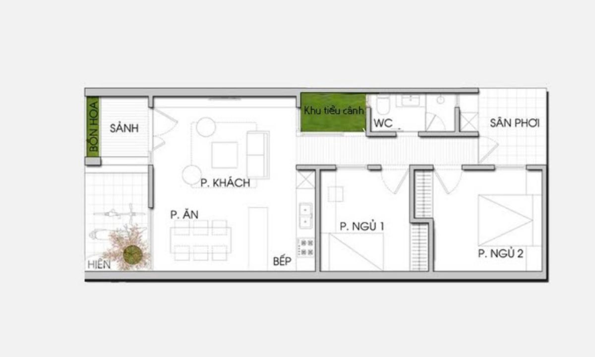 Mặt bằng không gian rộng rãi, có đầy đủ không gian ngoài trời.