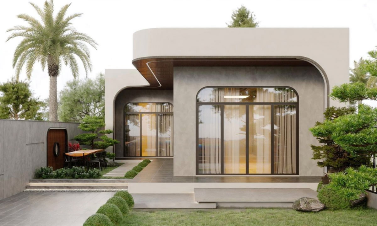 Tông màu nâu trầm của ngôi nhà kết hợp với không gian màu xanh là sự kết hợp độc đáo, nổi bật