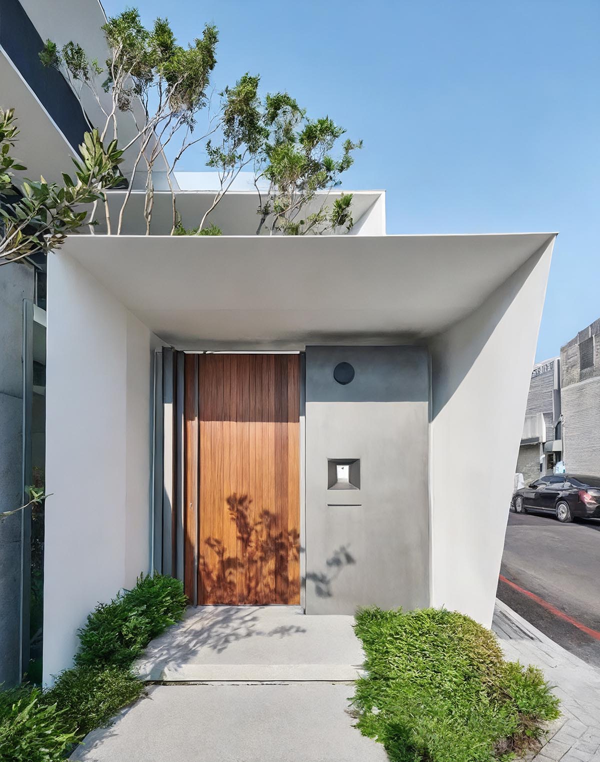 Mẫu thiết kế nhà 60m2 1 tầng góc vuông và xéo của tường nhà giúp thể hiện sự độc đáo của gia chủ