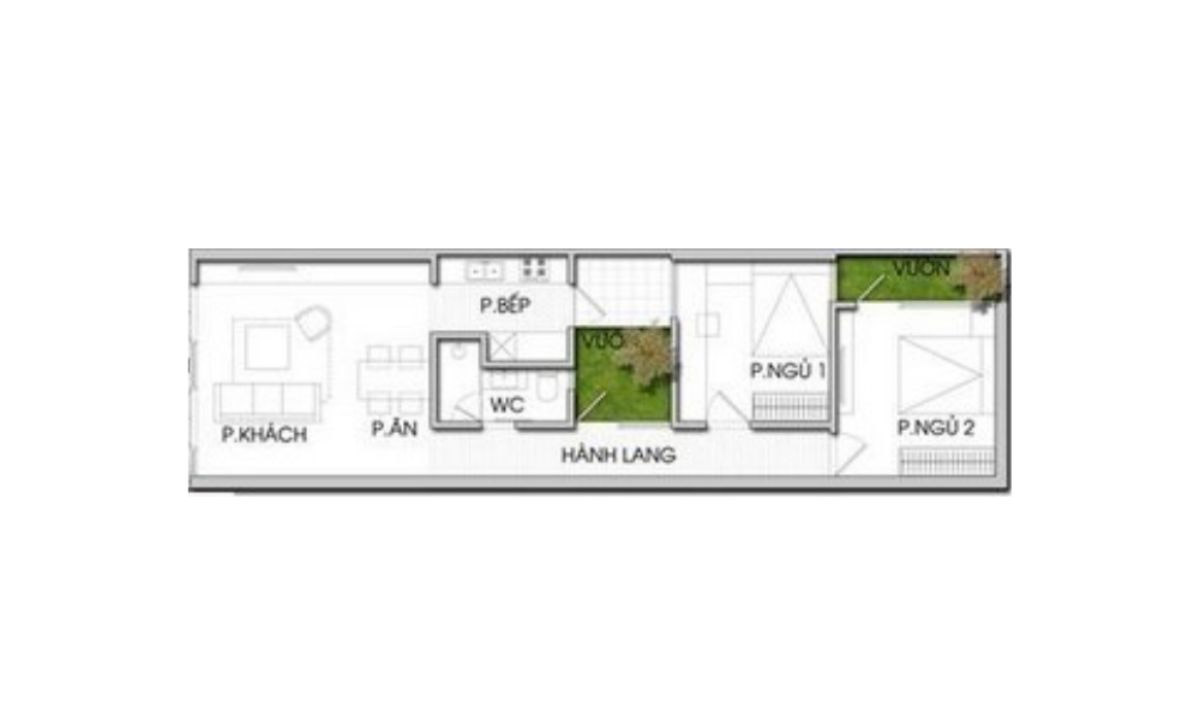 Mặt bằng thiết kế thêm không gian xanh giữa nhà và góc vườn ngoài nhà