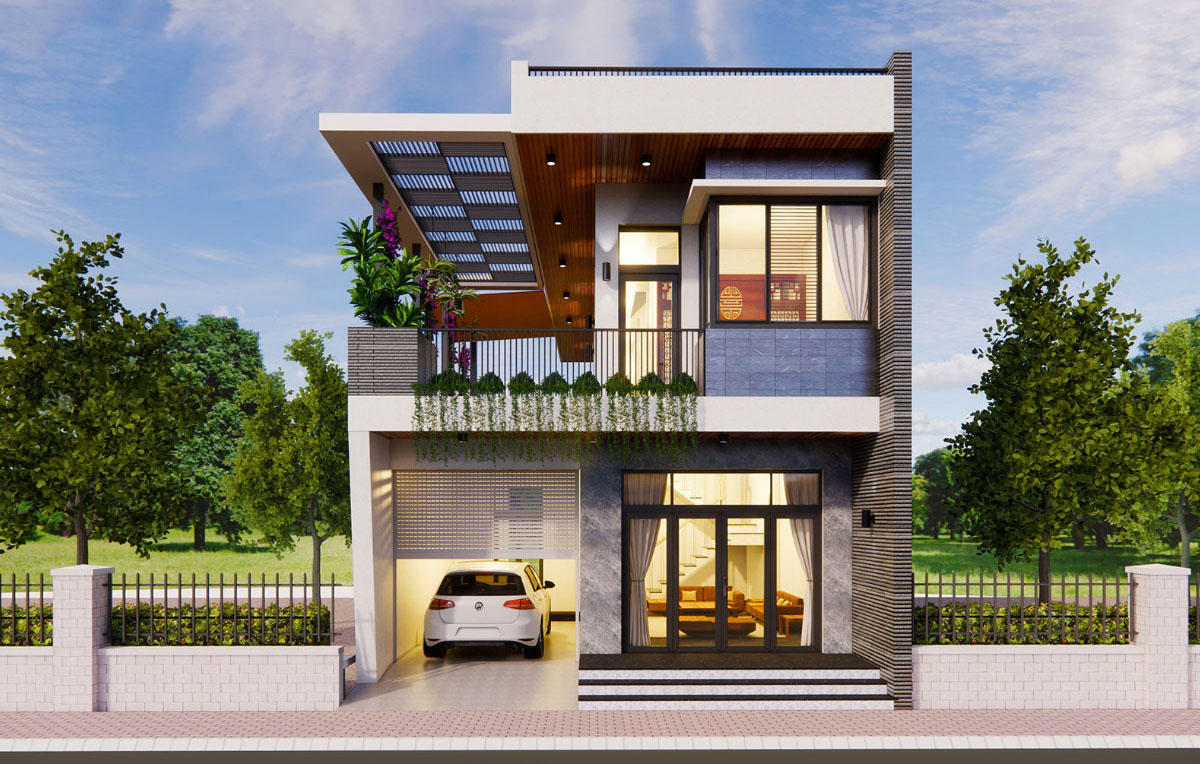 Nhà 2 tầng 8x12m có gara ô tô theo phong cách hiện đại
