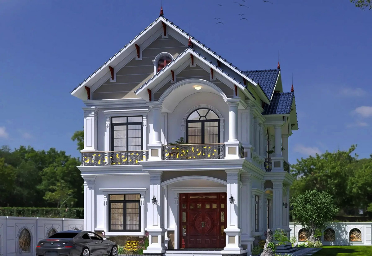 Nhà 2 tầng 8x12m mái thái với phong cách tân cổ điển