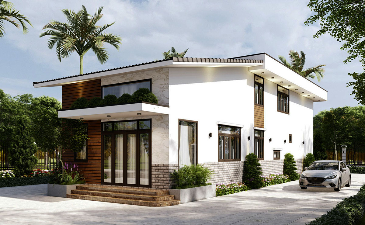 Cây xanh được bố trí ở ban công tầng 2 và xung quanh nhà ở