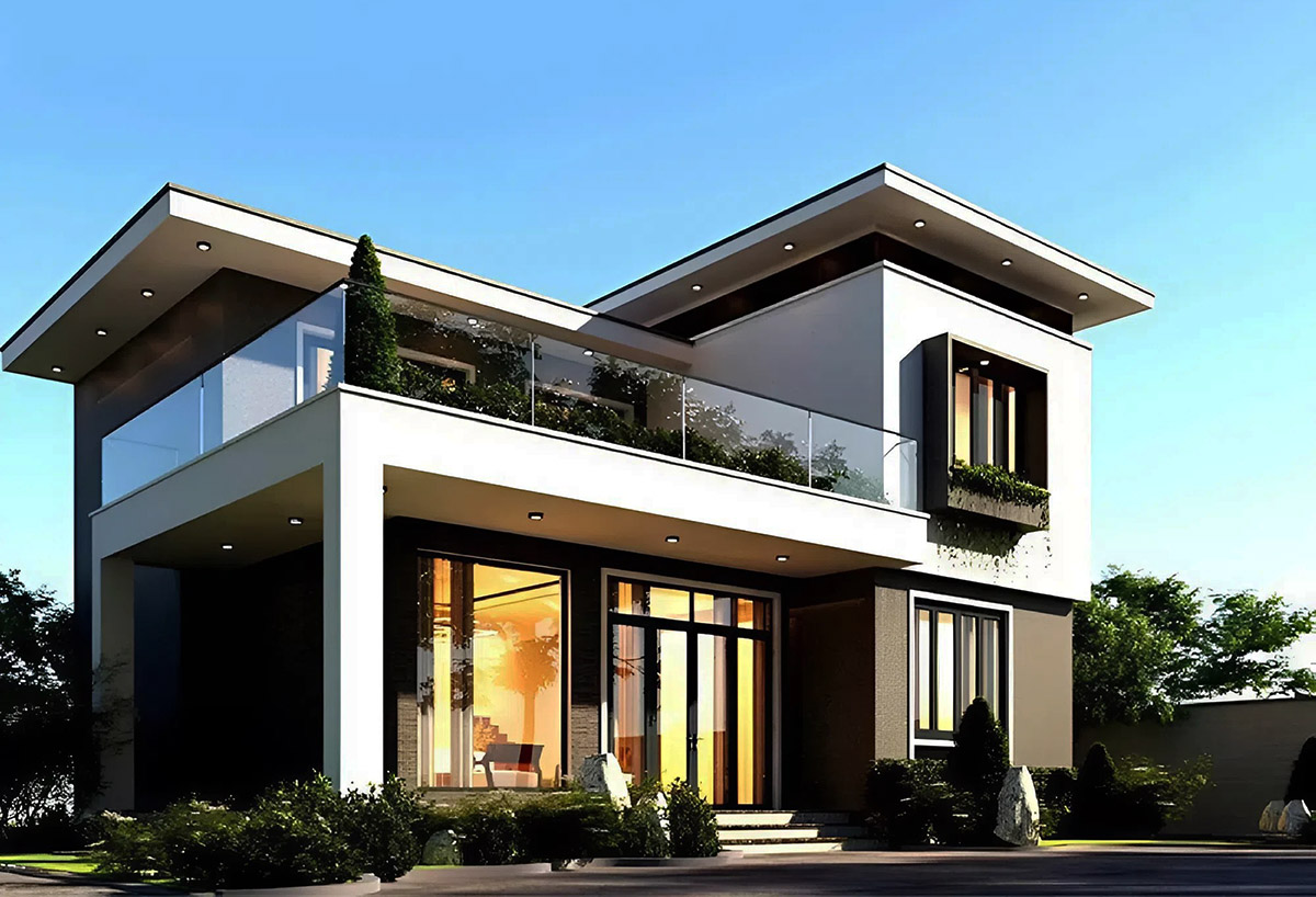 Mẫu thiết kế nhà 2 tầng mái bằng 8x12m hình chữ L hiện đại