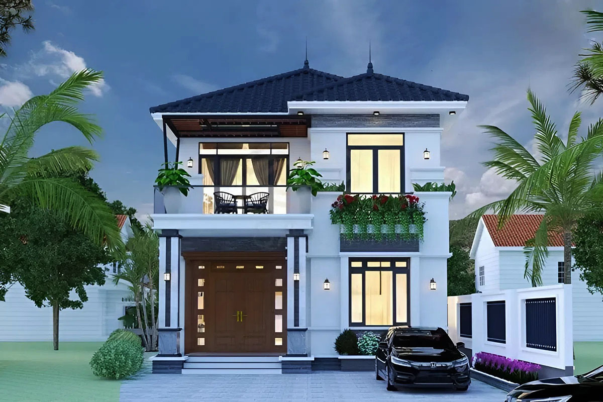 Phối cảnh mặt tiền của thiết kế nhà 8x12m 2 tầng ở nông thôn