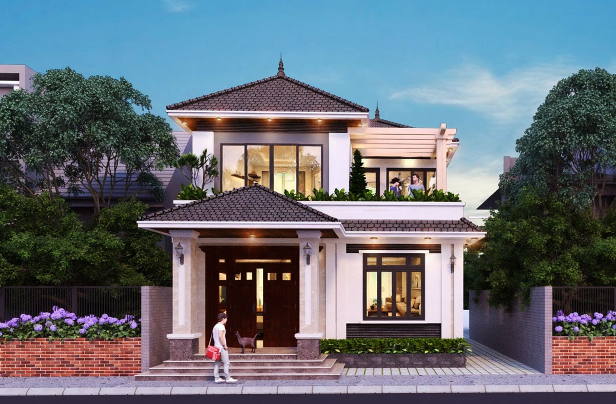 Phối cảnh mặt tiền của ngôi nhà mái Nhật với thiết kế hiện đại