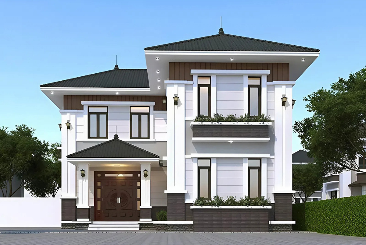 Phối cảnh mặt tiền của ngôi nhà có sân vườn rộng lớn