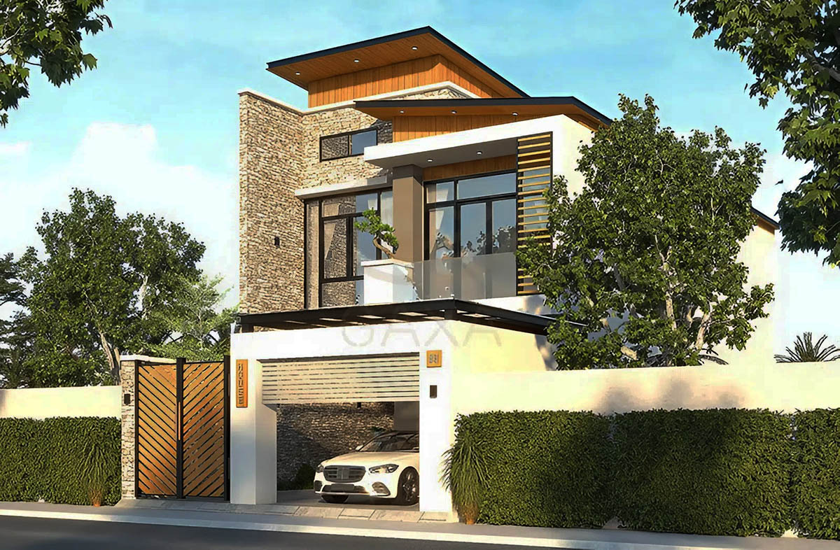 Mẫu thiết kế nhà 8x12m 2 tầng có tầng bán hầm với mái bằng kiểu hiện đại