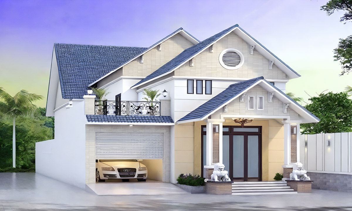 Mẫu thiết kế nhà có gara ô tô với mới thái ngói xanh tạo điểm nhấn ấn tượng cho ngôi nhà