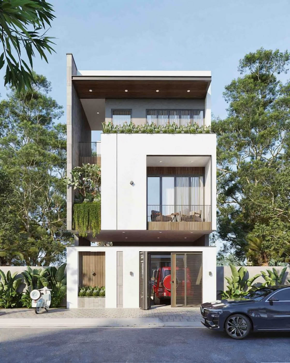 Thiết kế nhà 3 tầng 8x20m có gara ô tô tạo cảm giác thoáng đãng, rộng rãi