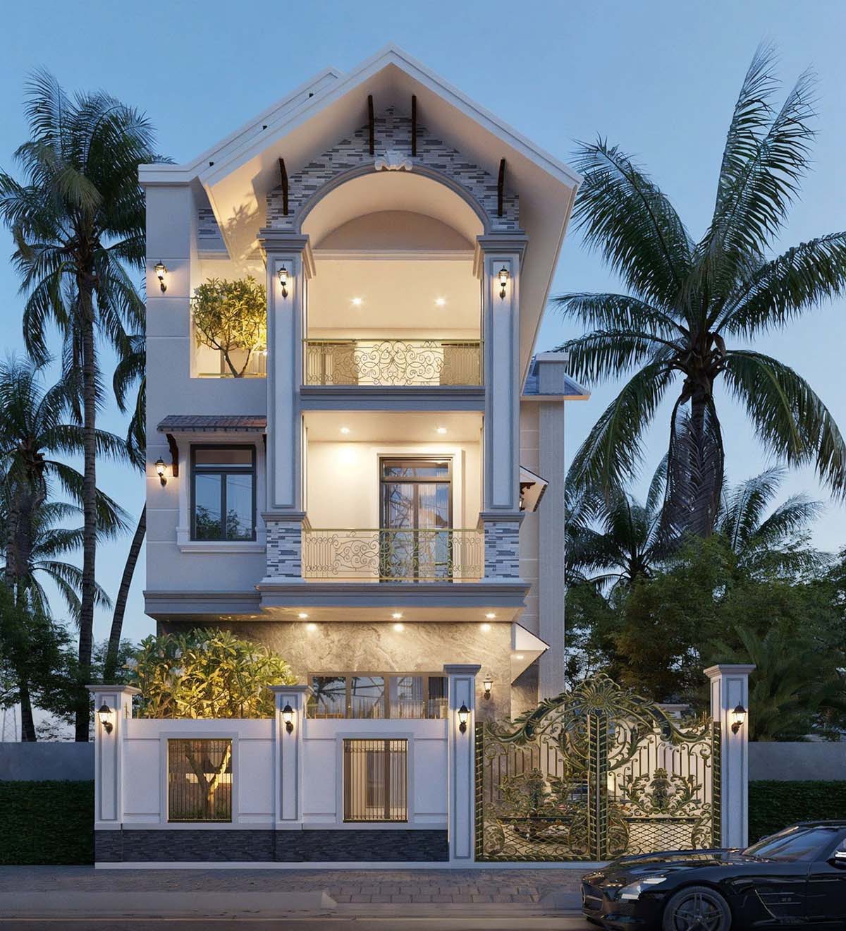 Ngôi nhà có gara ô tô sử dụng hệ cửa kính cùng ban công để tận dụng ánh nắng và gió tự nhiên