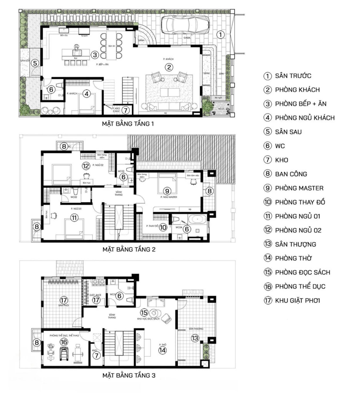 Bản vẽ thiết kế nhà có gara ô tô 3 tầng 7x13m