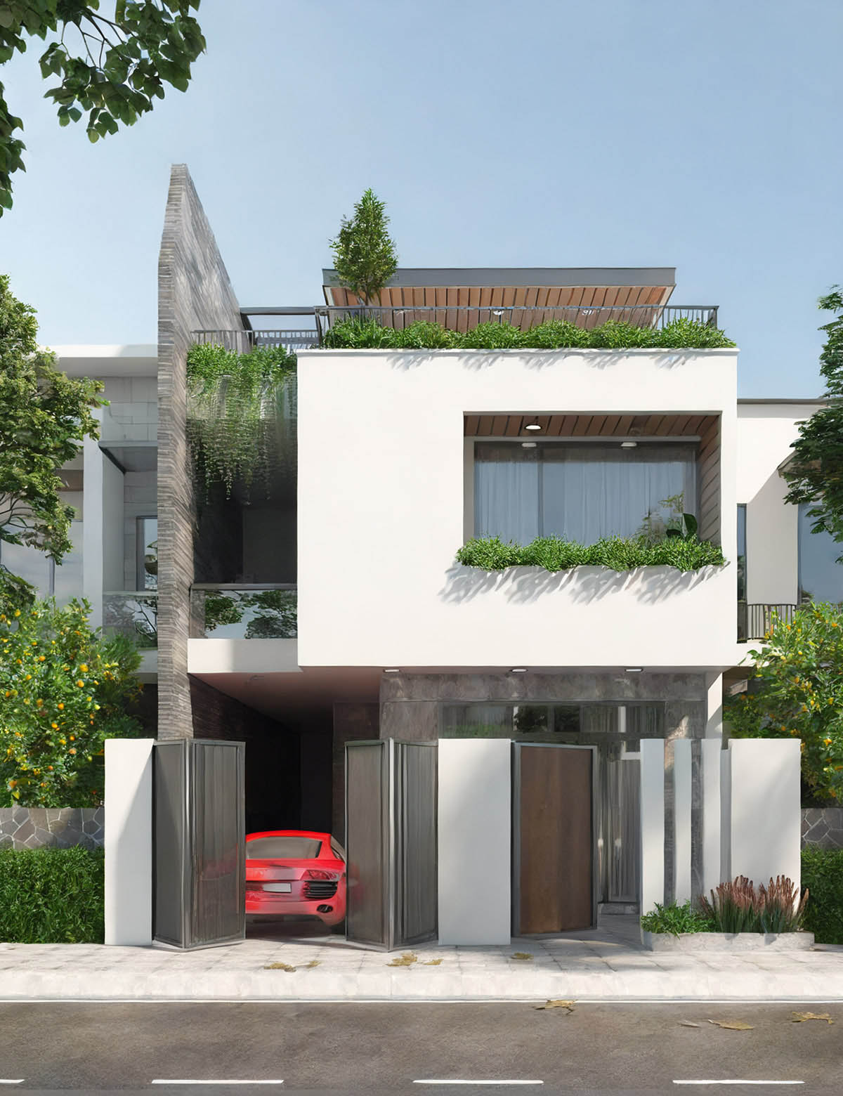 Mẫu nhà ống có gara ô tô mái bằng hiện đại tông màu trắng sang trọng