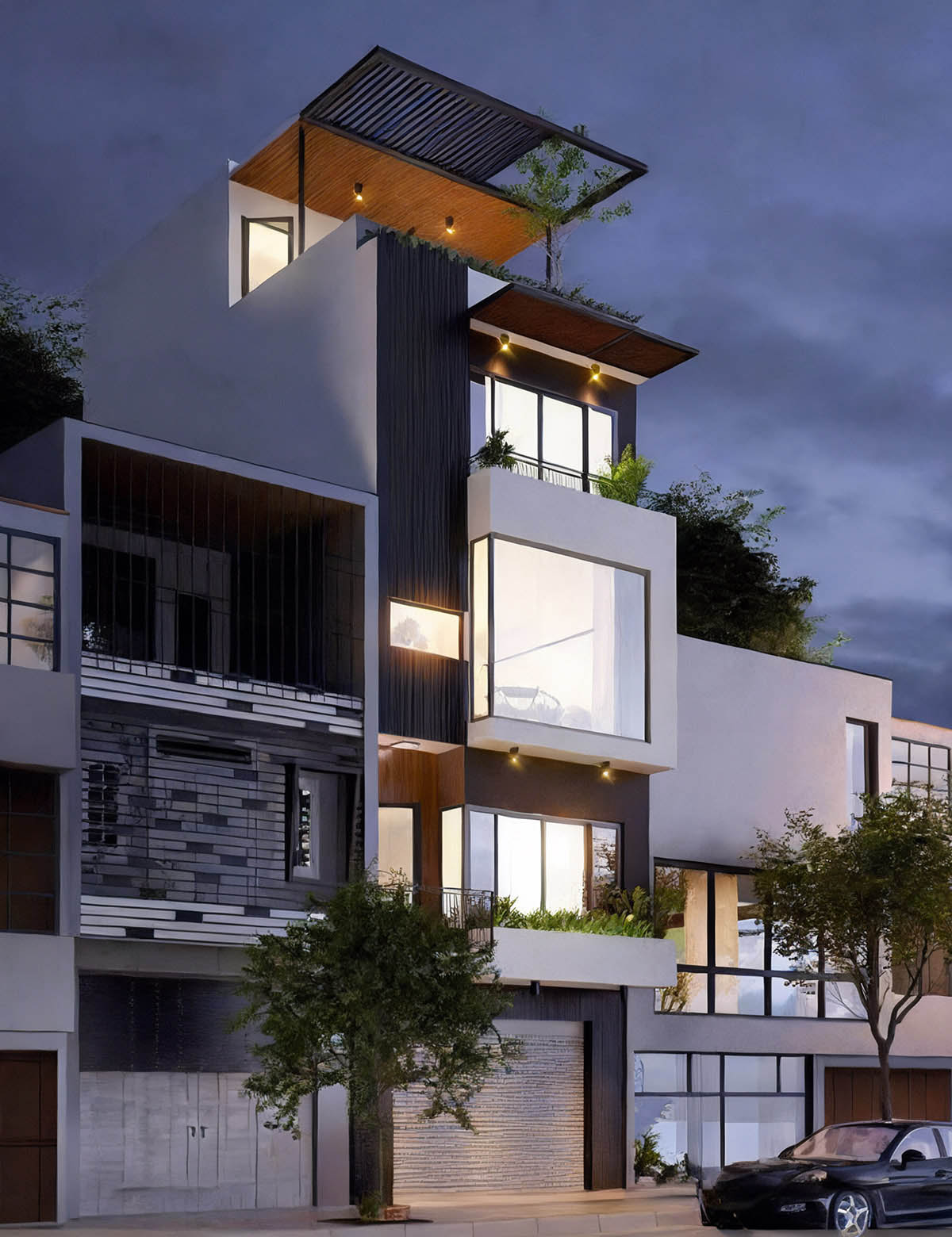 Mẫu nhà phố 4 tầng 1 tum có gara ô tô hiện đại, tiết kiệm diện tích