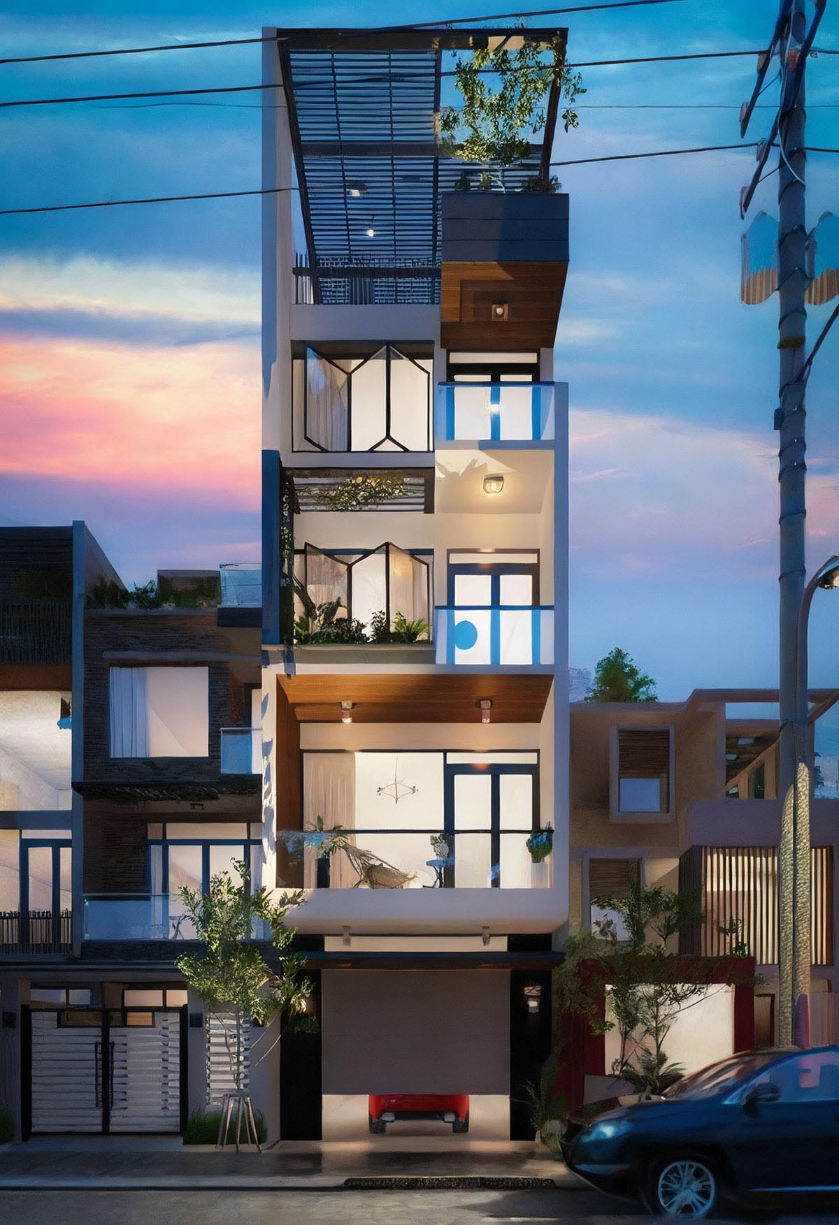 Mặt tiền mẫu nhà phố 4 tầng mặt tiền 6m có gara ô tô đẹp độc đáo