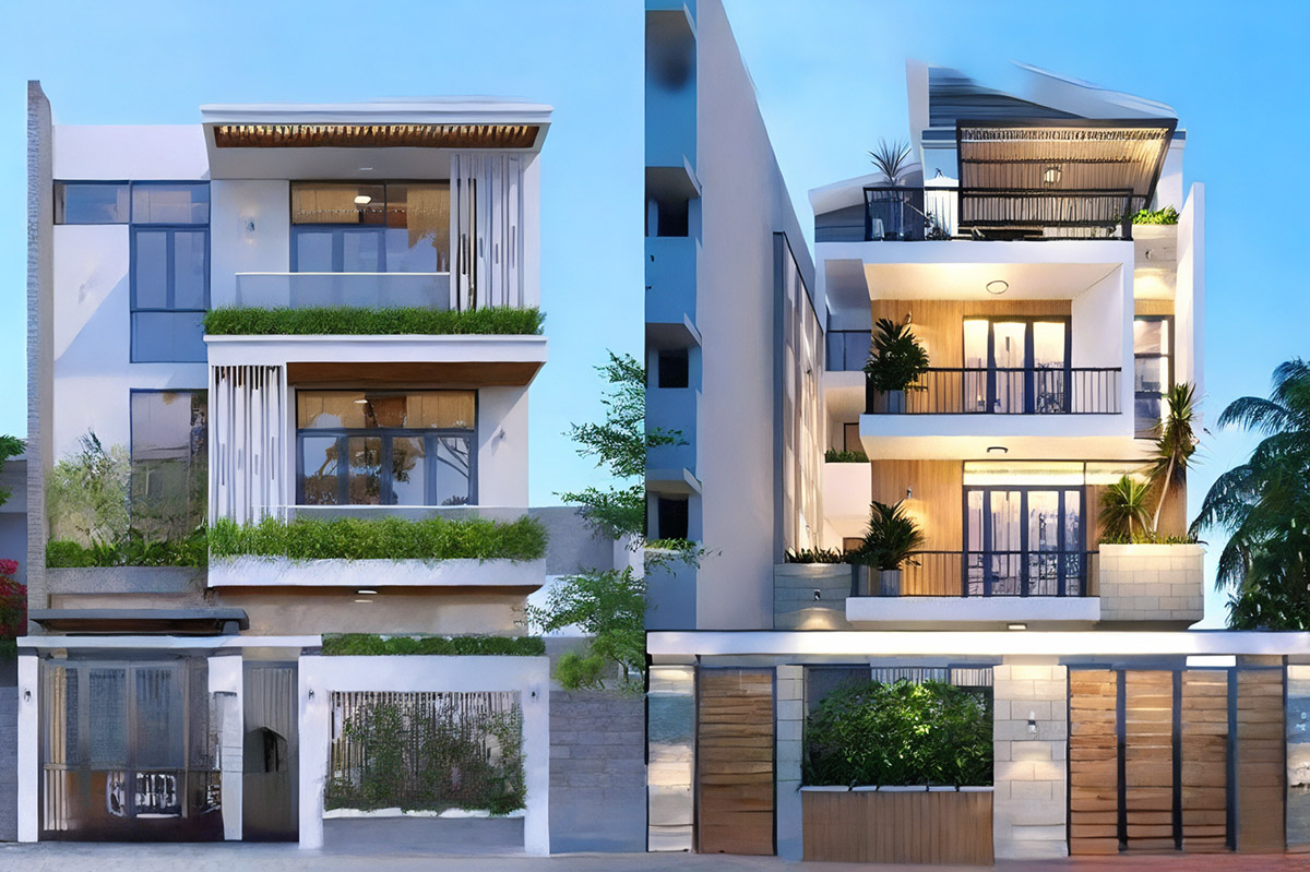 Mẫu nhà phố có garage ô tô 3 tầng mặt tiền 7m kiến trúc độc đáo