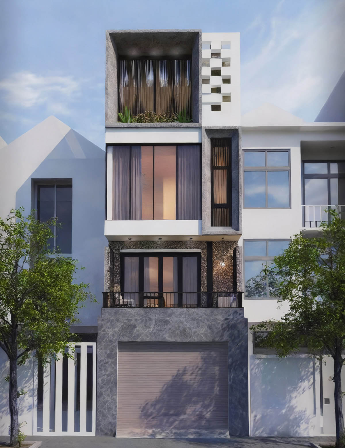 Phối cảnh nhà phố 4 tầng hiện đại có gara ô tô