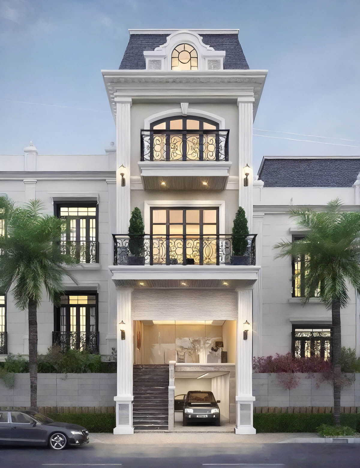 Thiết kế nhà 3 tầng có hầm để xe ở hiên nhà