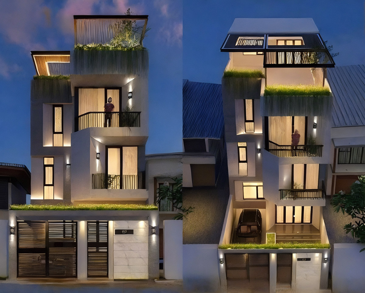 Phối cảnh mặt tiền nhà phố 5x20m 4 tầng có hầm để xe